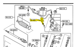 1996-1997 Mazda Miata Power Steering Return Cooling line at steering rack