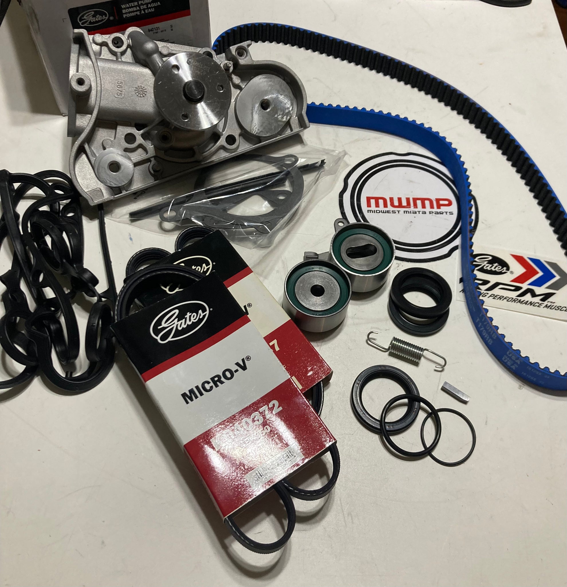 1990-1991.5 Mazda Miata Short Nose Crank SNC Gates Blue Racing Timing Belt Water Pump Seals and Gasket Kit